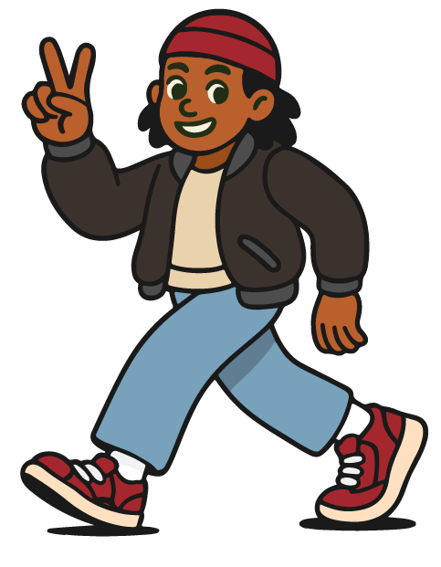 Mascotte colorée de Kilo Shop faisant un signe peace