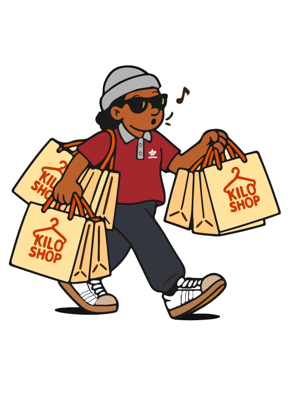 Mascotte Kilo Shop part avec ses articles dans des sacs